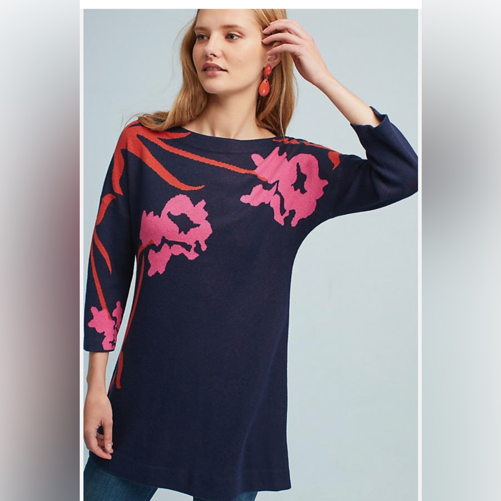 Anthropologie Field Flower -Navy and Pink Floral Tunic Top Sweater